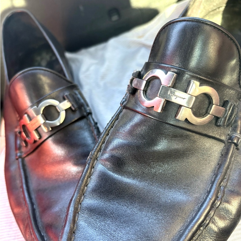 Salvatore Ferragamo Black Leather Slip-On Loafers